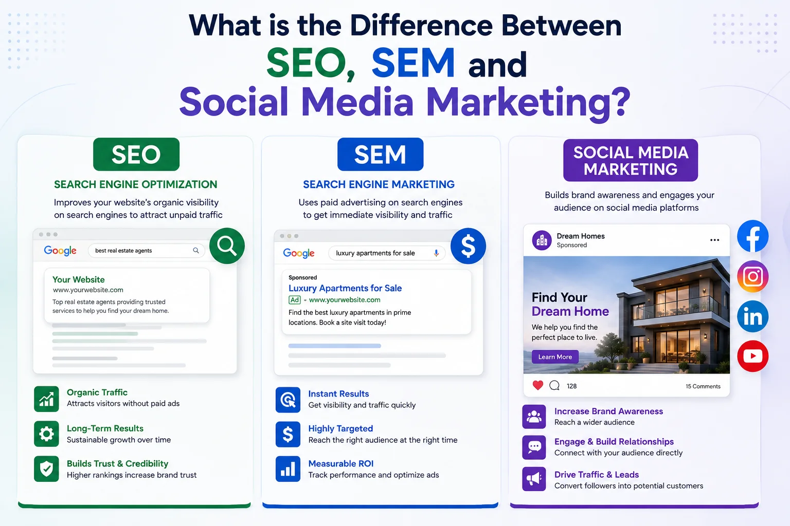 SEO vs SEM vs social media marketing